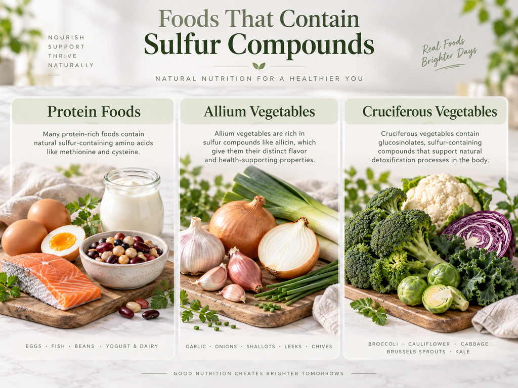 Foods containing sulfur compounds including eggs, garlic, onions, broccoli, and cabbage