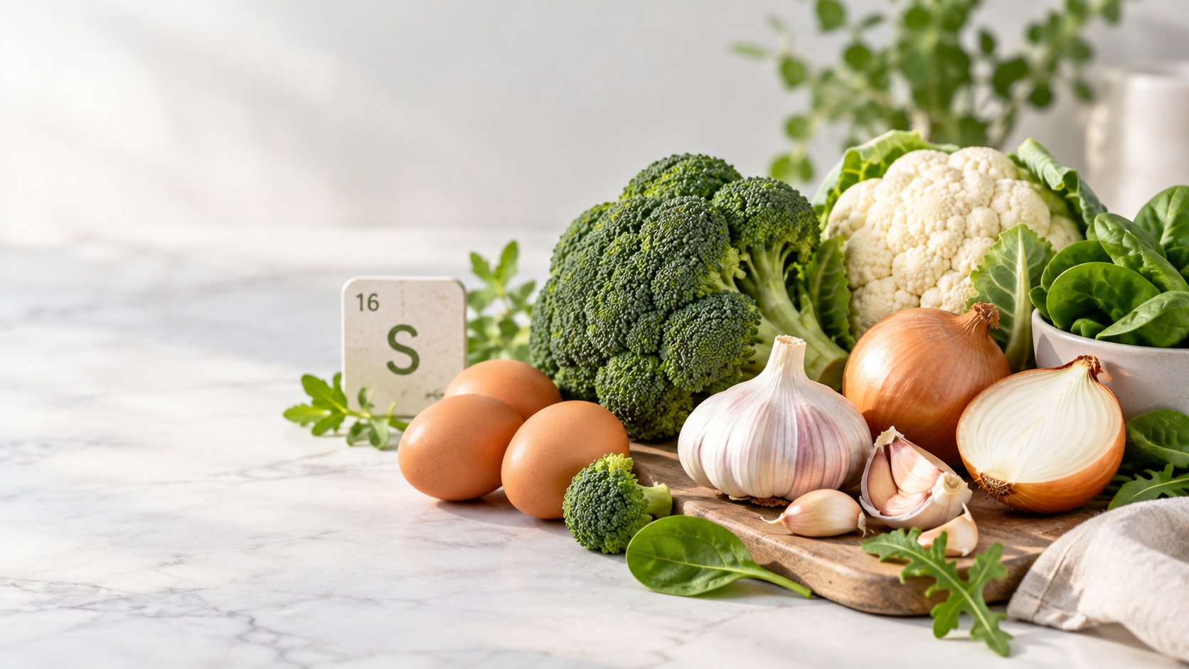 Sulfur-rich foods including garlic, onions, broccoli, cauliflower, eggs, and leafy greens